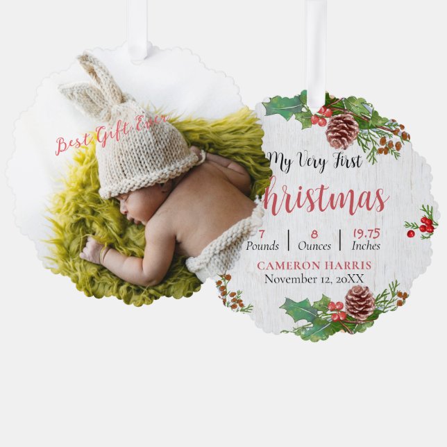 Custom 2-sided Rustic Baby's 1st Christmas Photo Ornament Card (Front/Back)