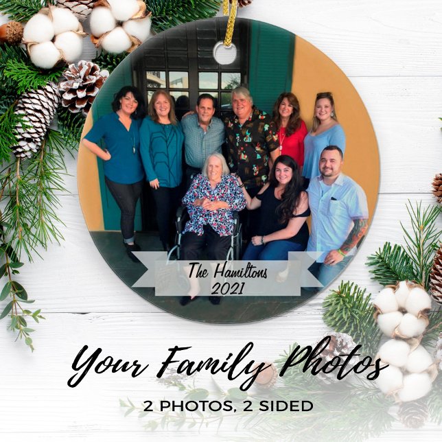 Custom 2-sided Simple Family Photo Christmas Ceramic Ornament (Creator Uploaded)