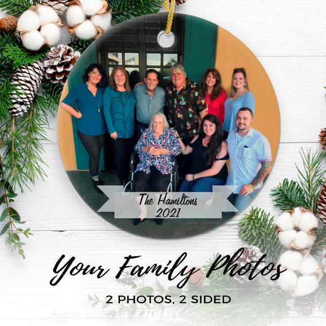 Custom 2-sided Simple Family Photo Christmas Ceramic Ornament | Zazzle