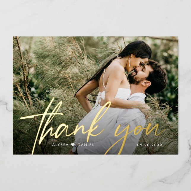 Custom 2 Wedding photos Thank you Script Gold Foil Invitation (Front)