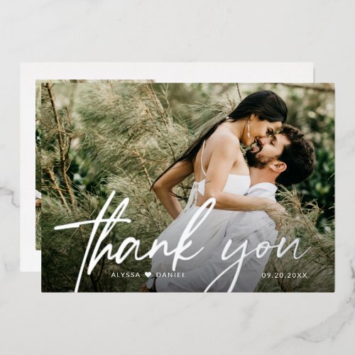 Custom 2 Wedding photos Thank you Script Silver Foil Invitation