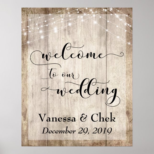 Custom 2b Brown Wood & Lights Wedding Welcome Sign (Front)