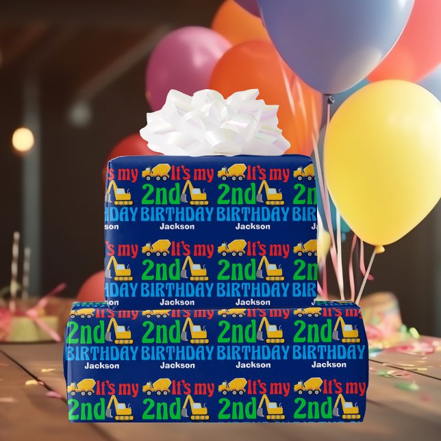 Custom 2nd Birthday Boy Construction Vehicle Wrapping Paper (Creator Uploaded)