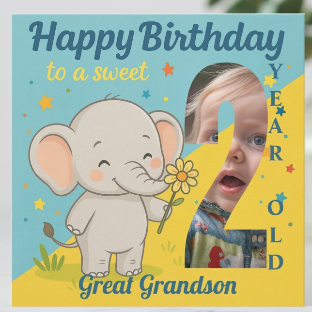 Custom 2nd Birthday Elephant Sweet Your Photo Card (Creator Uploaded)