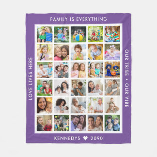 Custom 30 Photo Collage Family Quotes Name Purple Fleece Blanket