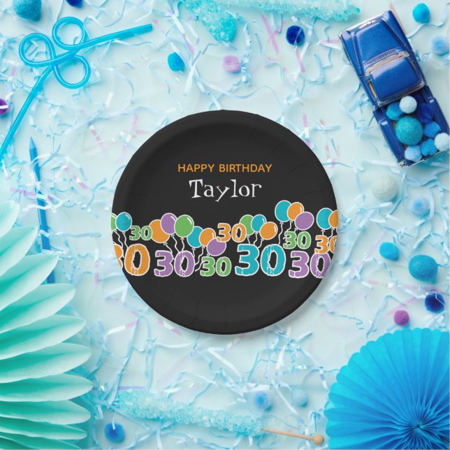Custom 30th Birthday Add Name Colorful Paper Plate (Party)