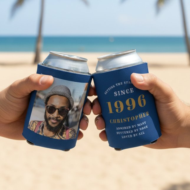 Custom 30th Birthday Blue Gold With Photo Can Cooler (Blue can coolers with beach background.)