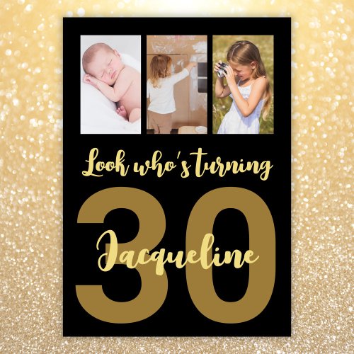 Custom 30th Birthday Gold Modern Photo Collage Invitation