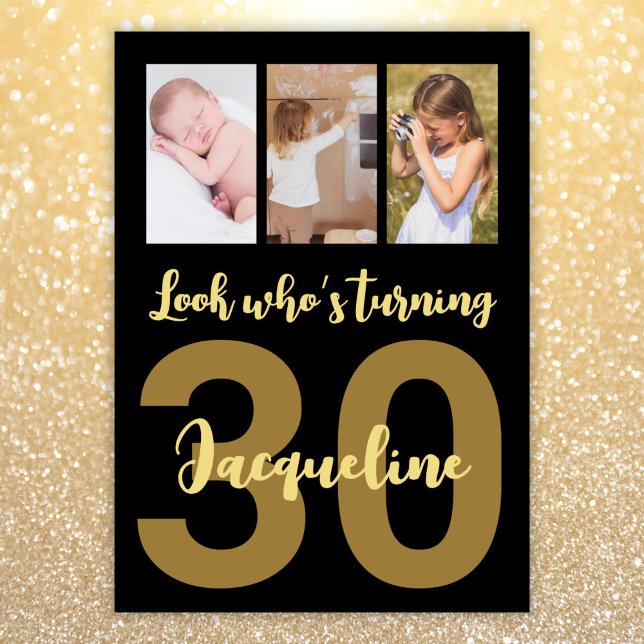 Custom 30th Birthday Gold Modern Photo Collage Invitation (Creator Uploaded)