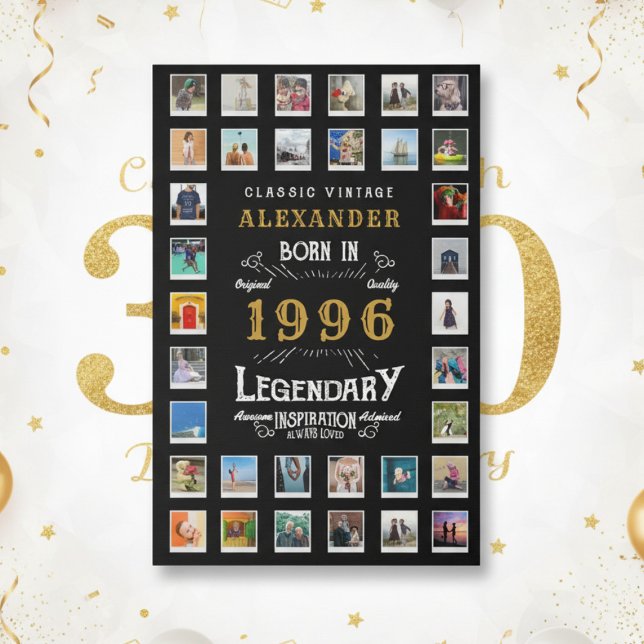 Custom 30th Birthday Photo Collage Family Memories Faux Canvas Print (1996 photo grid faux canvas on white and gold background. )