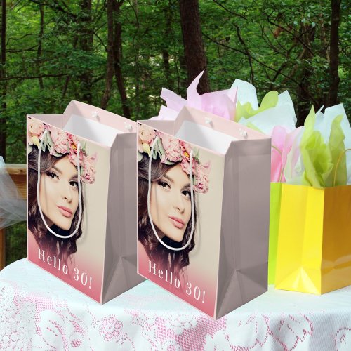 Custom 30th birthday photo hello 30 rose gold medium gift bag