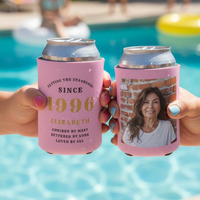 Custom 30th Birthday Pink Gold With Photo Can Cooler (Two 30th birthday can coolers with a pool background.)