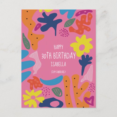 custom 30th birthday pink modern colorful postcard