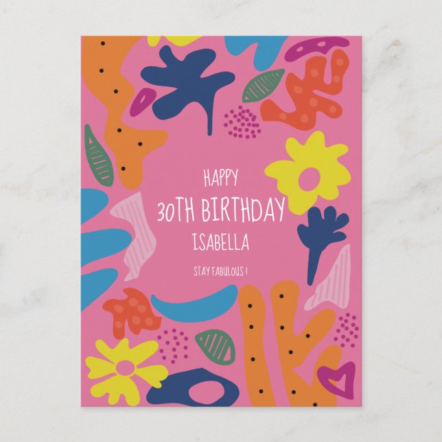 custom 30th birthday pink modern colorful postcard (Front)