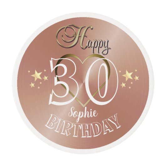 Custom 30th Rose Gold Birthday Cupcake Toppers Edible Frosting Rounds (Front)