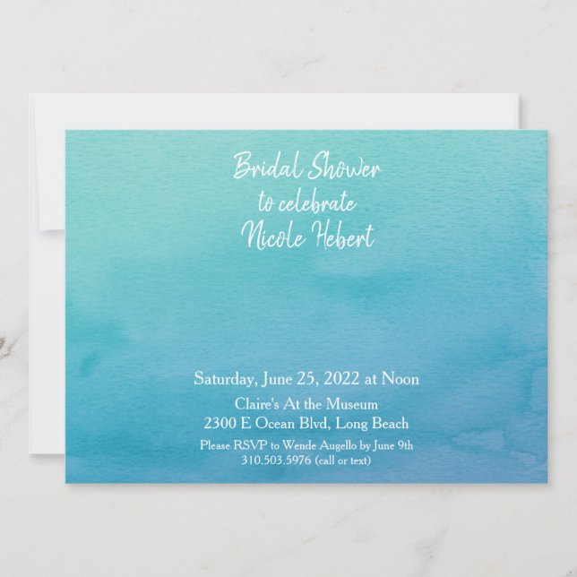 Custom 3 Blue/Teal Ombre Watercolor Bridal Shower Invitation (Front)