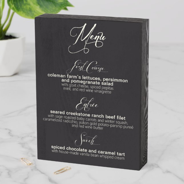 Custom 3-Course Menu Template Black Wood Box Sign (In Situ Vertical)