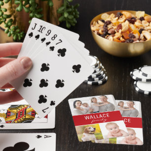 Custom 3 Family Photos Simple collage Red Poker Cards