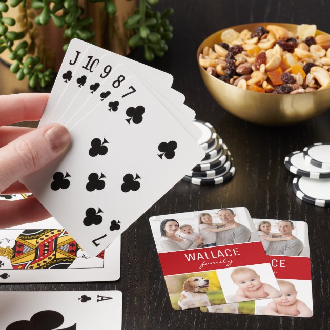 Custom 3 Family Photos Simple collage Red Poker Cards (In Situ)