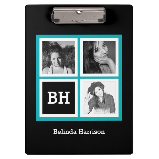Custom 3 Instagram Photos Personalized Turquoise Clipboard (Front)