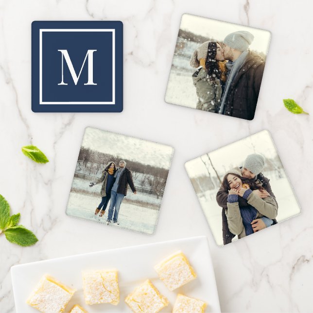 Custom 3 Photo and Monogram Editable Colors Coaster Set (In Situ)