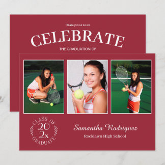Custom 3 Photo Chic Burgundy Graduation Party Invitation