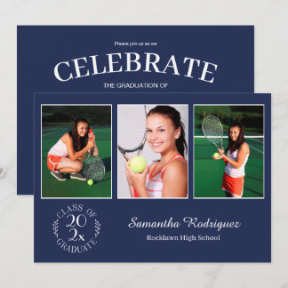 Custom 3 Photo Chic Emblem Navy Graduation Party Invitation