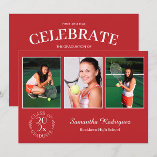 Custom 3 Photo Chic Emblem Red Graduation Party Invitation