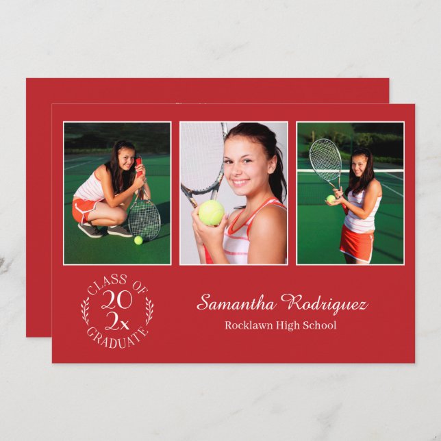 Custom 3 Photo Chic Emblem Red Graduation Party Invitation (Front/Back)