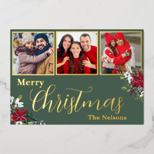 Custom 3 Photo Christmas Foil Holiday Card
