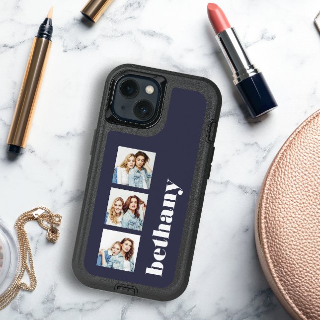 Custom 3-Photo Chunky Monogram Dark Navy Blue Otterbox iPhone Case (Creator Uploaded)