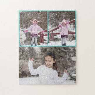 Custom / 3 Photo Collage Blue Green Border Jigsaw Puzzle