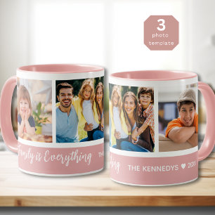 Custom 3 Photo Collage Family Name Quote Pink Mug