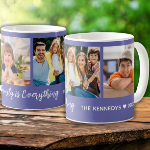 Custom 3 Photo Collage Family Name Quote Purple Coffee Mug