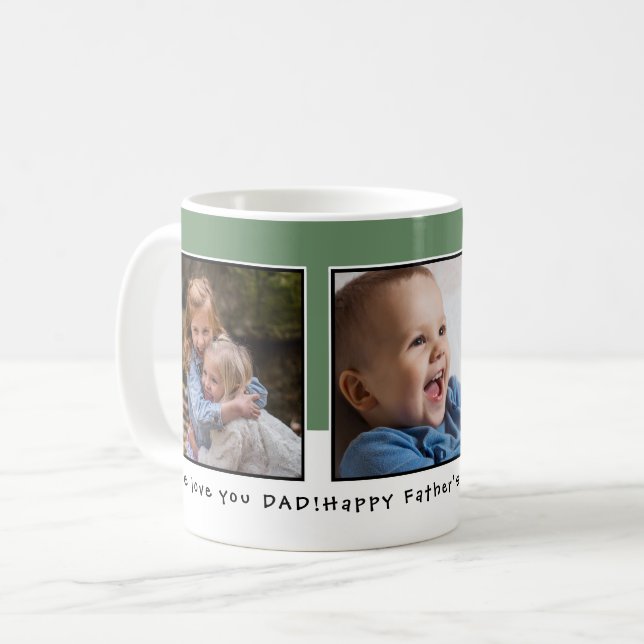 Custom 3 Photo Collage Father's Day Green White Coffee Mug (Front Left)