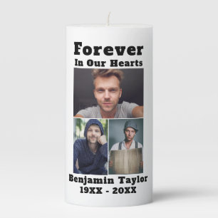 Custom 3 Photo Collage Forever In Our Hearts Pillar Candle