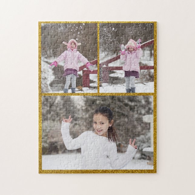 Custom / 3 Photo Collage Gold Glitter Metallic Jigsaw Puzzle (Vertical)