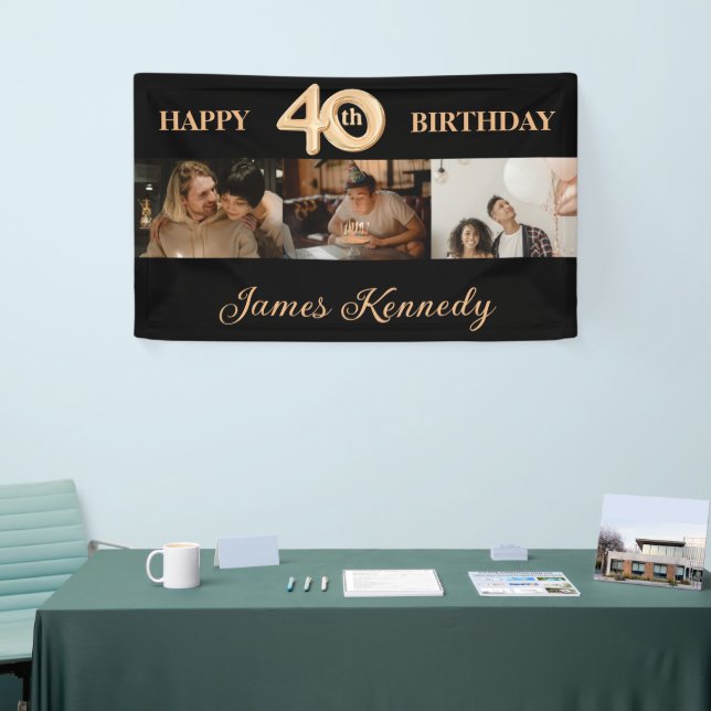 Custom 3 Photo Collage Happy 40th Birthday Party  Banner (Tradeshow)