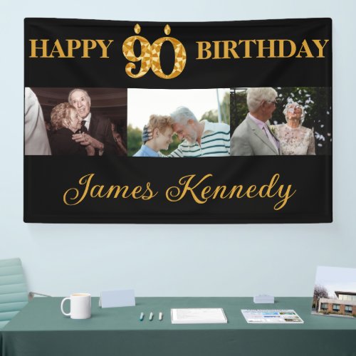 Custom 3 Photo Collage Happy 90th Birthday Party   Banner