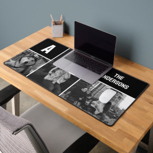 Custom 3 Photo Collage Monogram Black Desk Mat