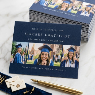 Custom 3 Photo Collage Navy Blue Graduation  Letterpress Thank You Card