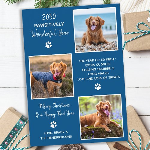 Custom 3 Photo Collage Pet Dog Year in Review Holiday Card
