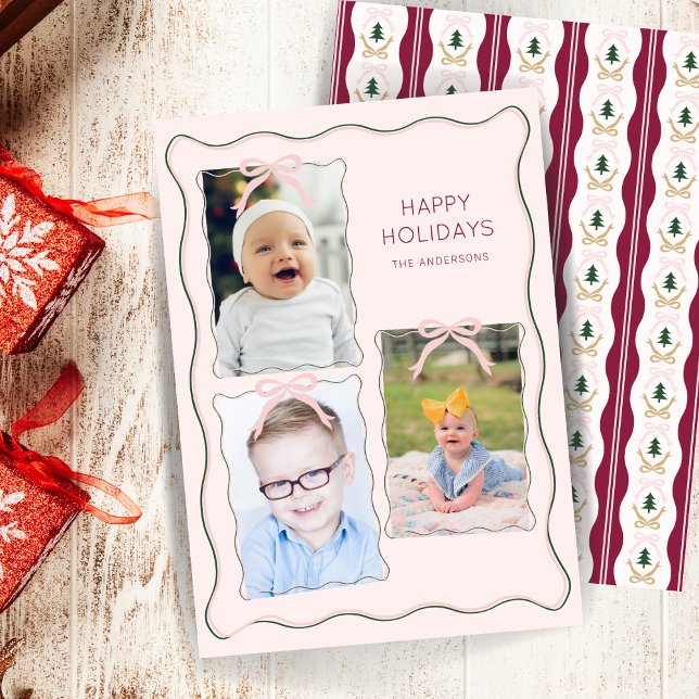 Custom 3 Photo Collage Pink Bow Wavy Frame Holiday Card (Creator Uploaded)