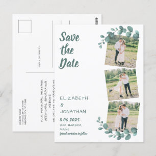 Custom 3 Photo Eucalyptus Wedding Save The Date Postcard