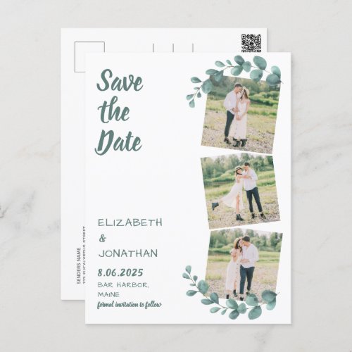 Custom 3 Photo Eucalyptus Wedding Save The Date Postcard