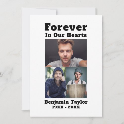 Custom 3 Photo Forever In Our Hearts Black White Thank You Card