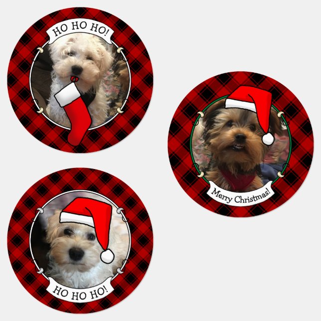 Custom 3 Photo Frame Template Christmas Red Plaid Labels (Group)