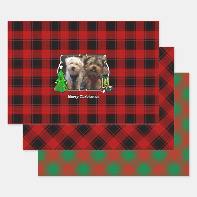 Custom 3 Photo Frame Template Christmas Red Plaid Wrapping Paper Sheets (Set)