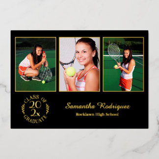 Custom 3 Photo Graduation Party Black and Gold Foil Invitation