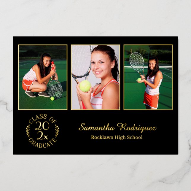 Custom 3 Photo Graduation Party Black and Gold Foil Invitation (Front)